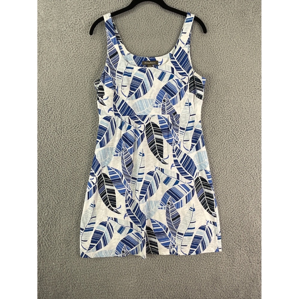 Tommy Bahama Mini Dress Womens M Blue White Leaf Print Cotton Empire Waist